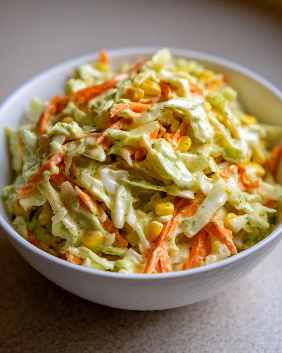 A close-up of a white bowl filled with creamy zesty corn coleslaw, featuring shredded cabbage, carrots, and yellow corn kernels.