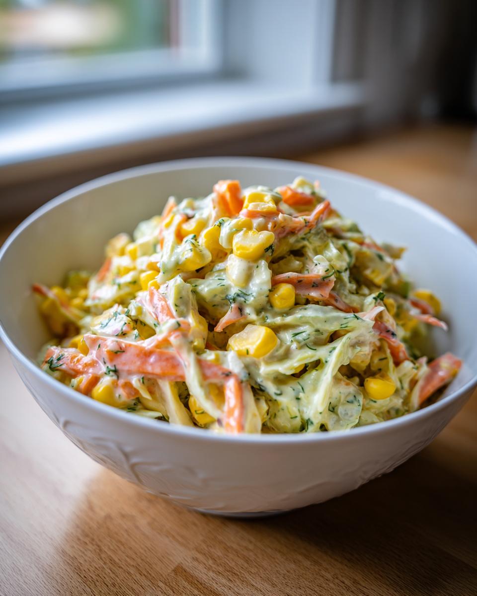 A close-up of a white bowl filled with creamy zesty corn coleslaw, featuring bright yellow corn kernels and shredded carrots.