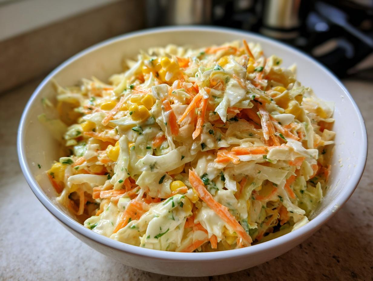 Close-up of a white bowl filled with creamy zesty corn coleslaw featuring shredded cabbage, carrots, and corn kernels.