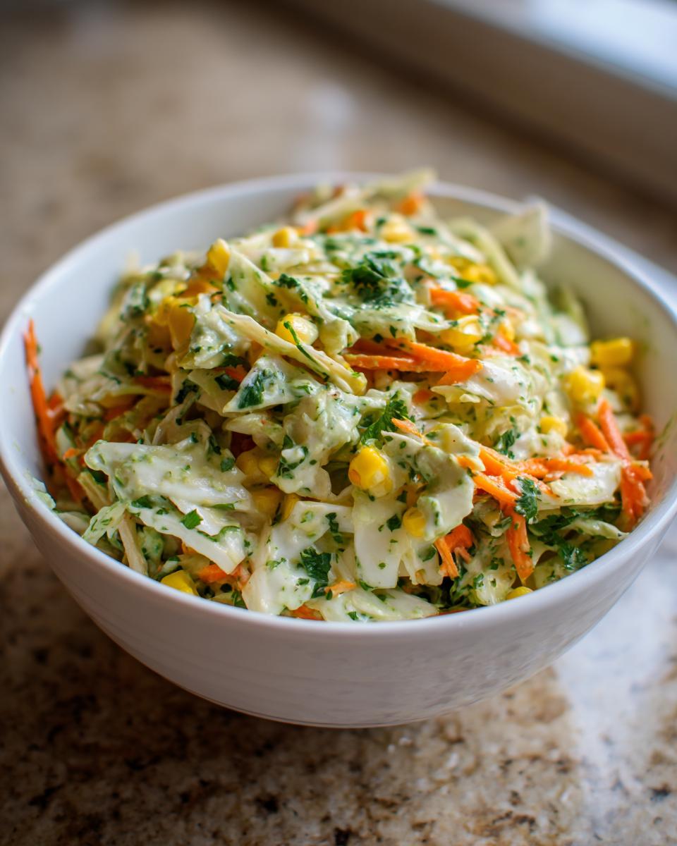 A close-up of a white bowl filled with creamy zesty corn coleslaw, featuring shredded cabbage, carrots, and corn.
