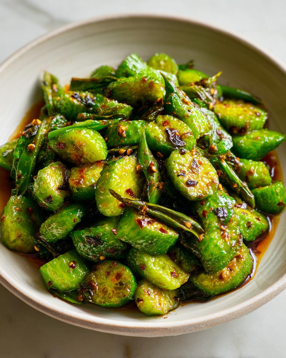 A close-up of vibrant green, smashed cucumber salad coated in a dark, spicy chili oil dressing, served in a light ceramic bowl.