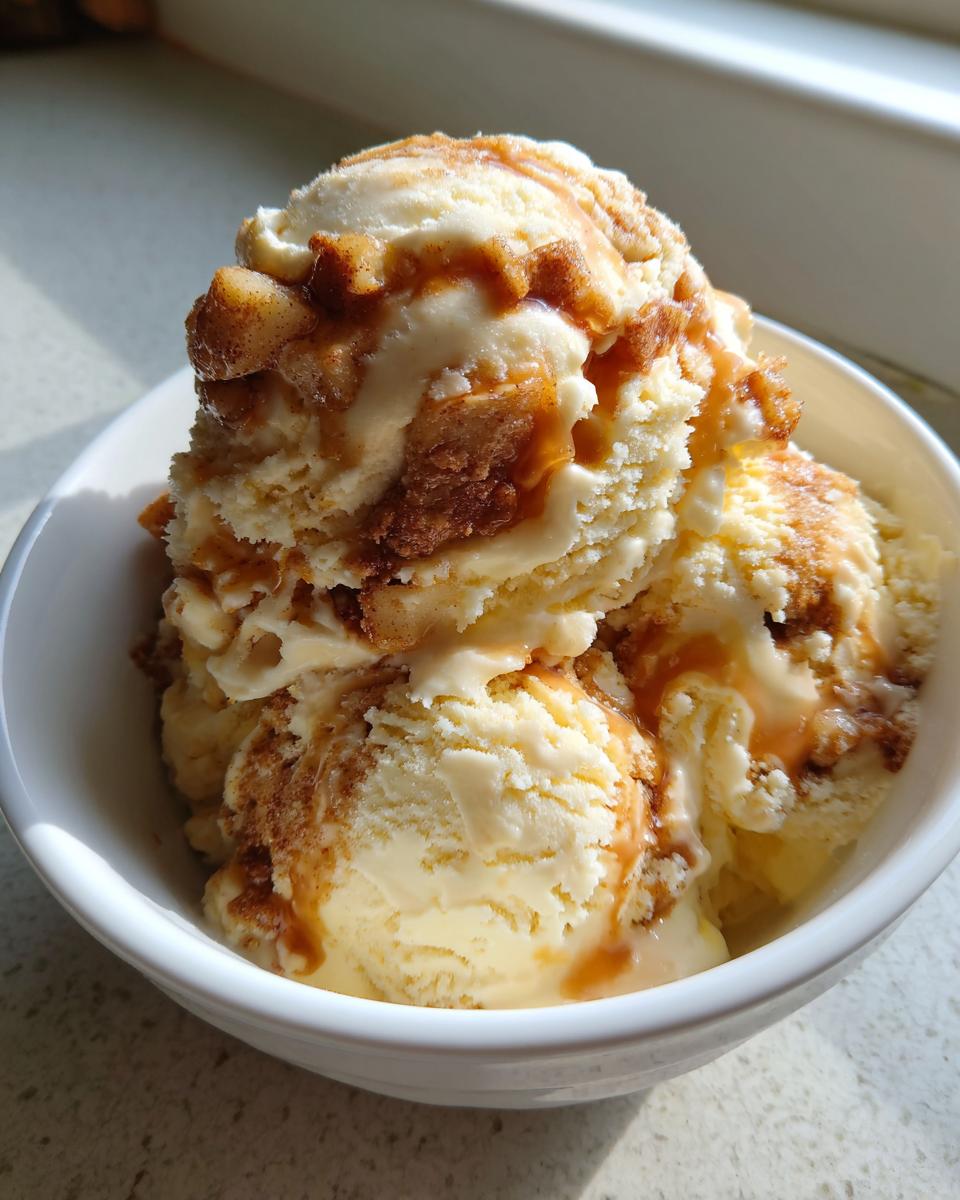 Three scoops of creamy vanilla apple pie ice cream drizzled with caramel sauce and pie crust pieces.