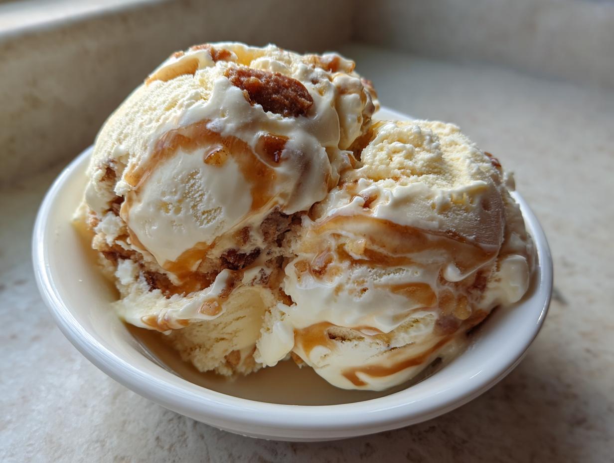 Two scoops of creamy apple pie ice cream drizzled with caramel sauce and mixed with pie crust pieces.