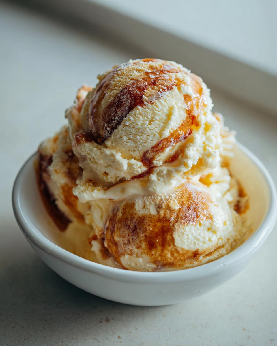Close-up of several scoops of creamy apple pie ice cream drizzled with caramel sauce in a white bowl.