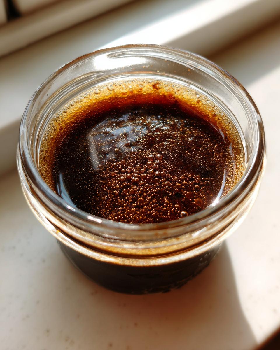 Close-up of freshly mixed balsamic vinaigrette dressing with small bubbles in a clear glass jar.