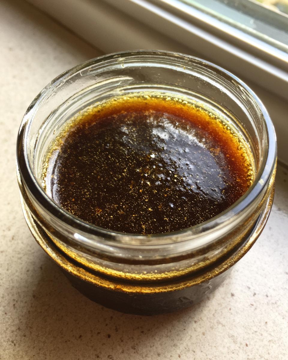 Close-up of rich, dark balsamic vinaigrette dressing settled in a small glass jar.