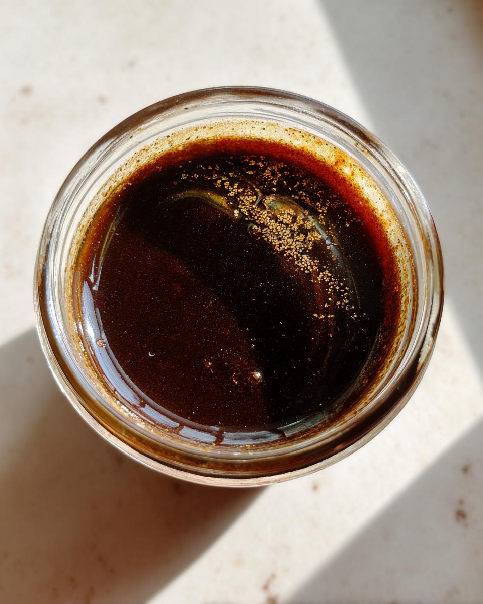 Overhead view of dark, rich balsamic vinaigrette dressing settled in a small glass jar, showing separation.