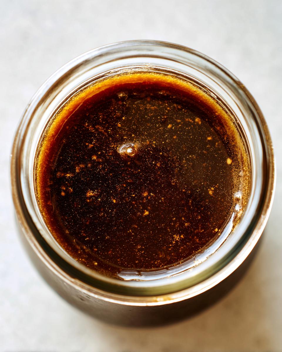 Overhead close-up view of rich, dark balsamic vinaigrette dressing settled in a small glass jar.