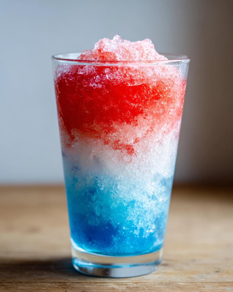 A tall glass filled with a layered, icy boozy bomb pop slushie showing red, white, and blue colors.