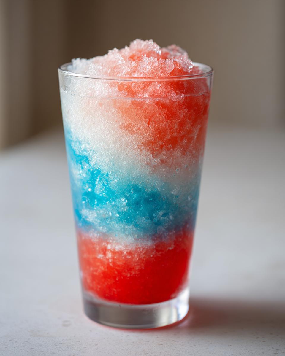A tall glass filled with a layered, frozen boozy bomb pop slushie showing red, white, and blue ice.