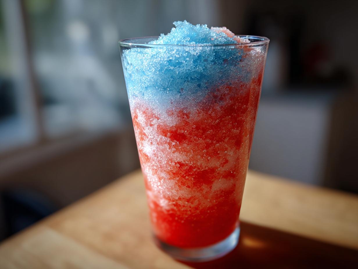 A tall glass filled with a layered, icy boozy bomb pop slushie featuring bright red and blue colors.