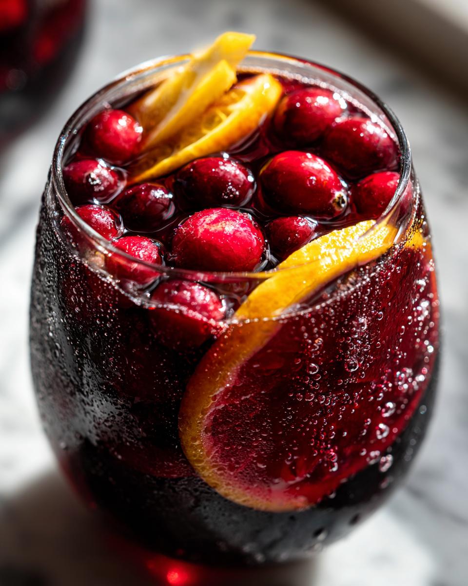 Close-up of a chilled glass filled with dark red cranberry sangria, loaded with whole cranberries and orange slices.