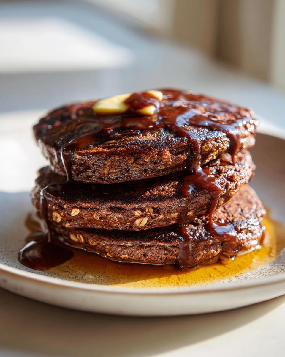 A tall stack of three dark chocolate oat pancakes drizzled heavily with syrup and topped with melting butter.