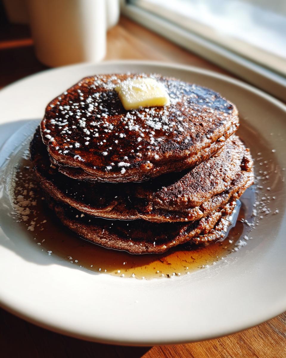 A tall stack of dark chocolate oat pancakes topped with a pat of butter, powdered sugar, and maple syrup.