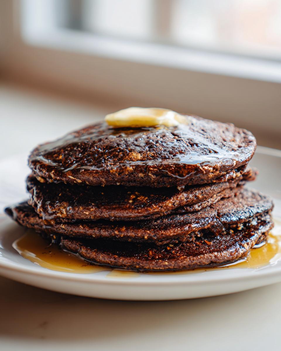 A tall stack of dark, rich chocolate oat pancakes drizzled with syrup and topped with melting butter.