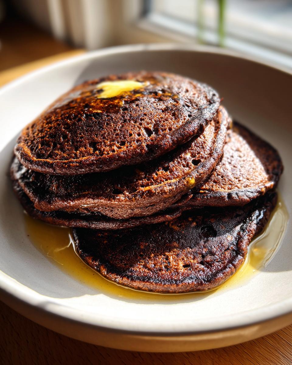 A stack of four dark chocolate oat pancakes topped with melting butter and maple syrup.