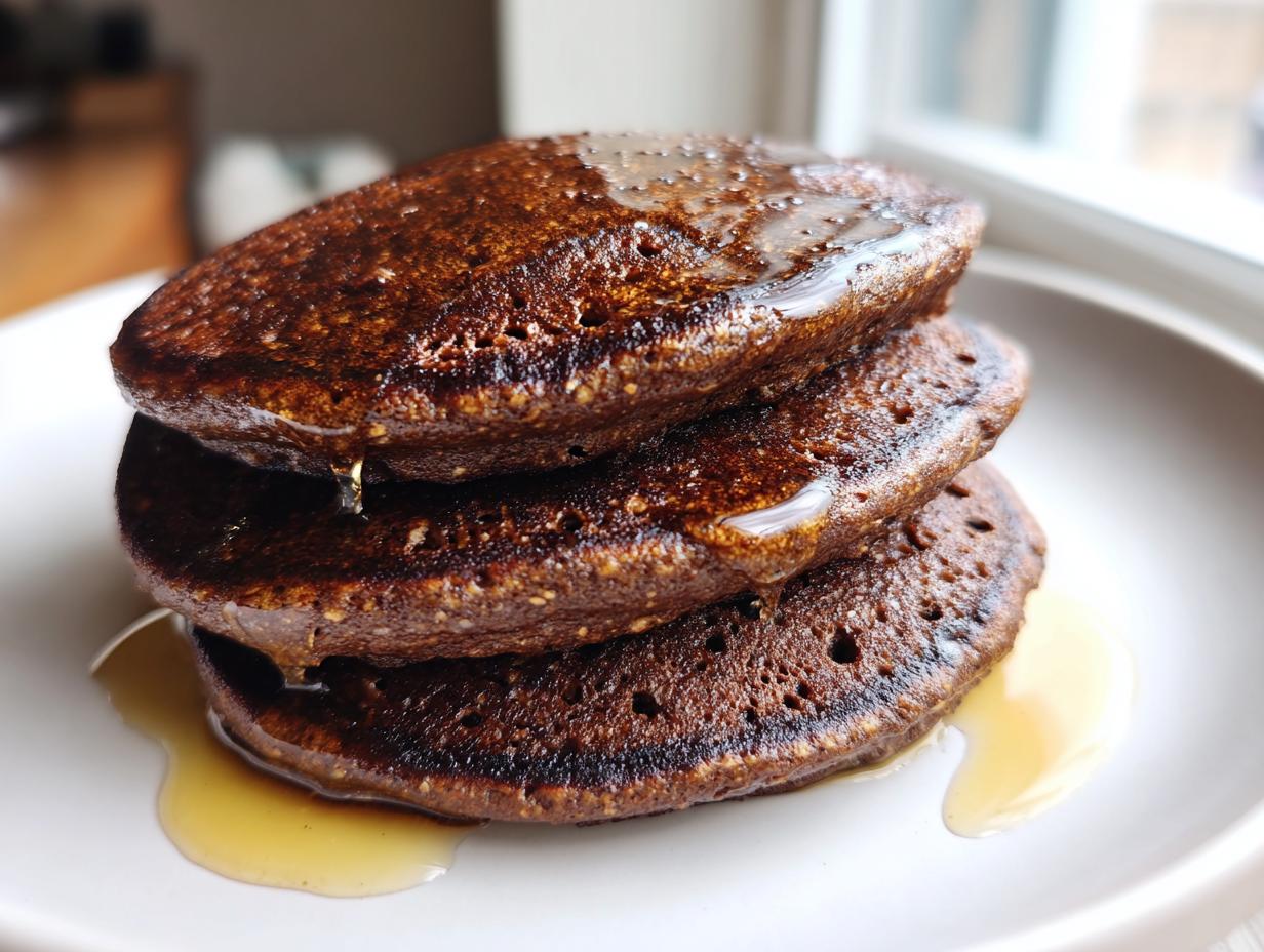A close-up of three dark, fluffy chocolate oat pancakes stacked and drizzled with maple syrup.