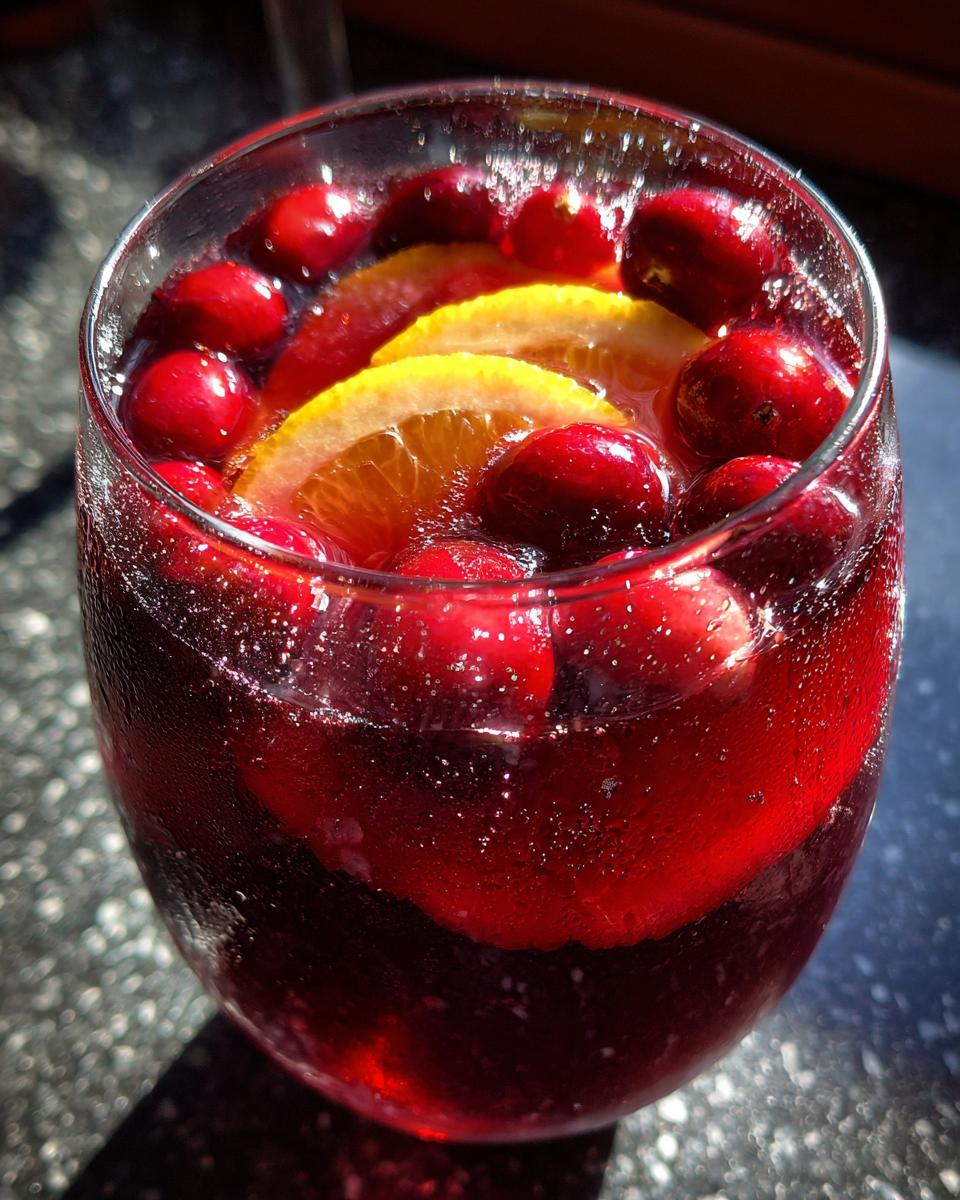 Close-up of a glass filled with vibrant red cranberry sangria, garnished with floating whole cranberries and orange slices.