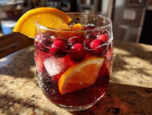 Close-up of a glass filled with bubbly cranberry sangria, ice, fresh cranberries, and an orange slice garnish.