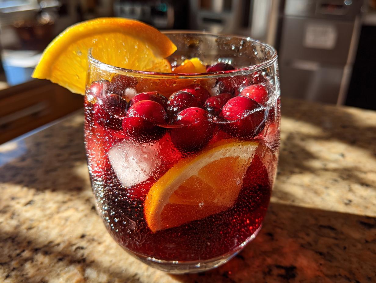 Close-up of a glass filled with bubbly cranberry sangria, ice, fresh cranberries, and an orange slice garnish.
