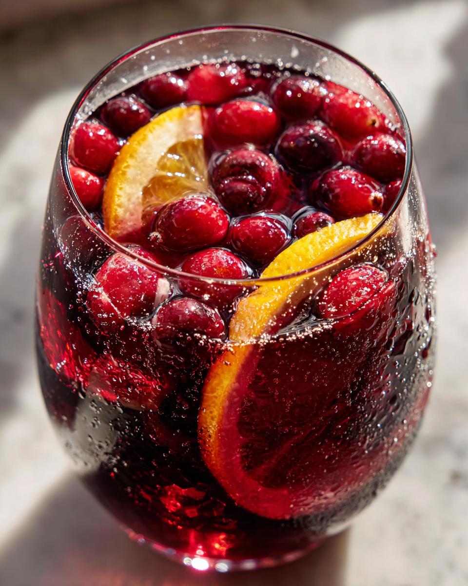 Close-up of a glass filled with bubbly cranberry sangria, floating cranberries, and bright orange slices.