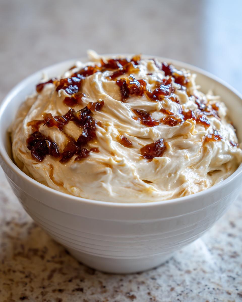 Close-up of creamy caramelized french onion dip topped with rich, dark caramelized onions in a white bowl.