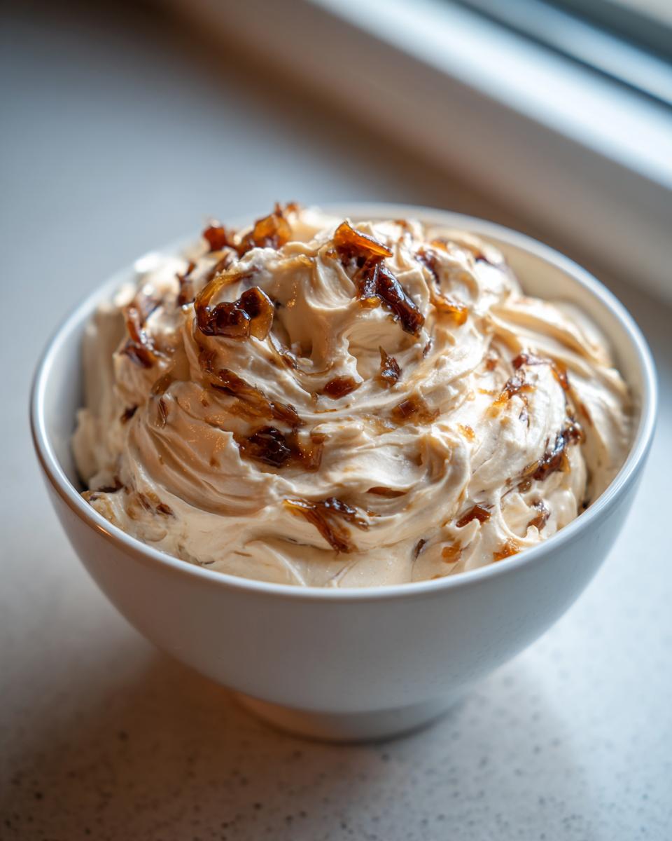 A close-up of creamy, swirled caramelized french onion dip topped with rich, dark caramelized onions in a white bowl.