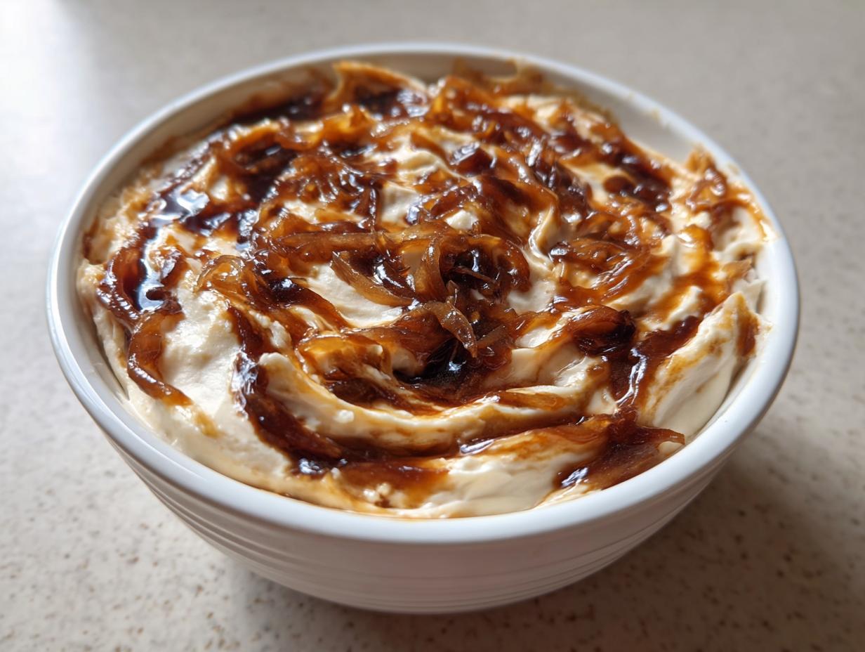 A close-up of creamy caramelized french onion dip swirled with rich, dark caramelized onions in a white serving bowl.