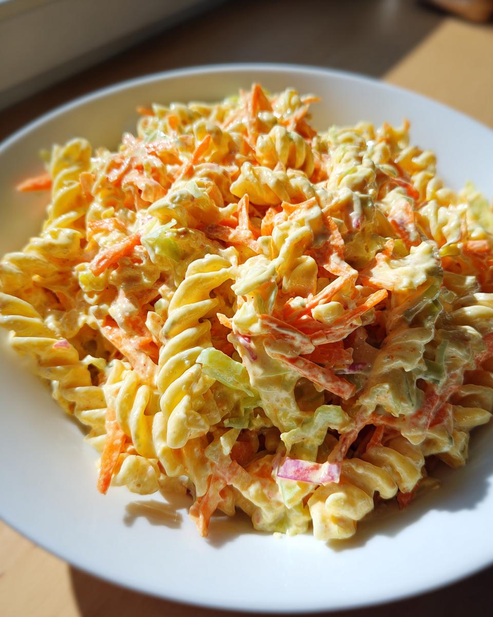 Close-up of a creamy coleslaw pasta salad mixed with fusilli pasta, shredded carrots, and cabbage in a white bowl.