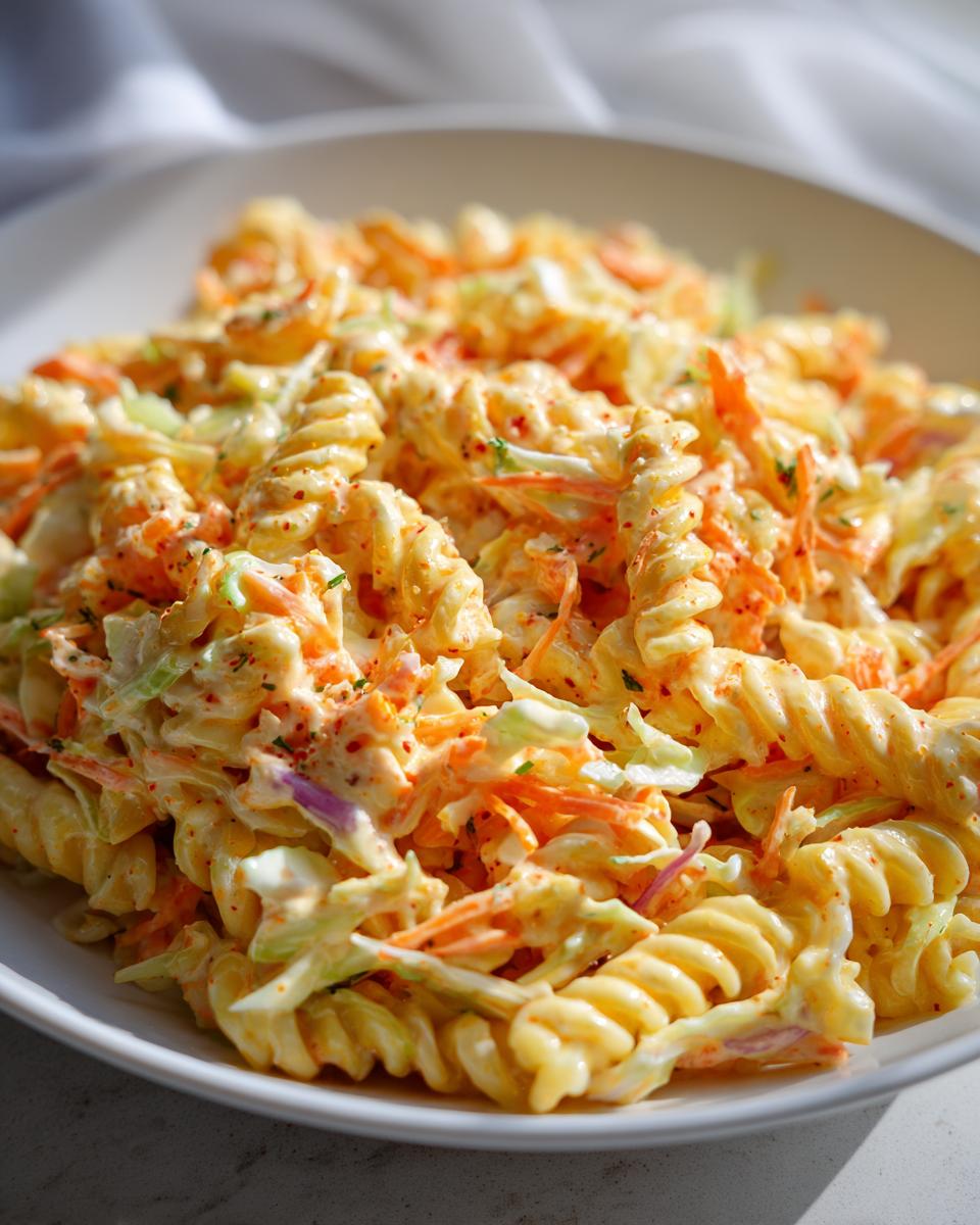 Close-up of creamy coleslaw pasta salad featuring fusilli pasta mixed with shredded carrots and cabbage.