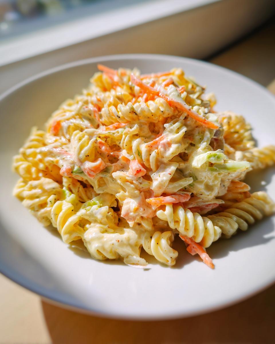 Close-up of creamy coleslaw pasta salad featuring fusilli pasta, shredded carrots, and celery in a rich dressing.