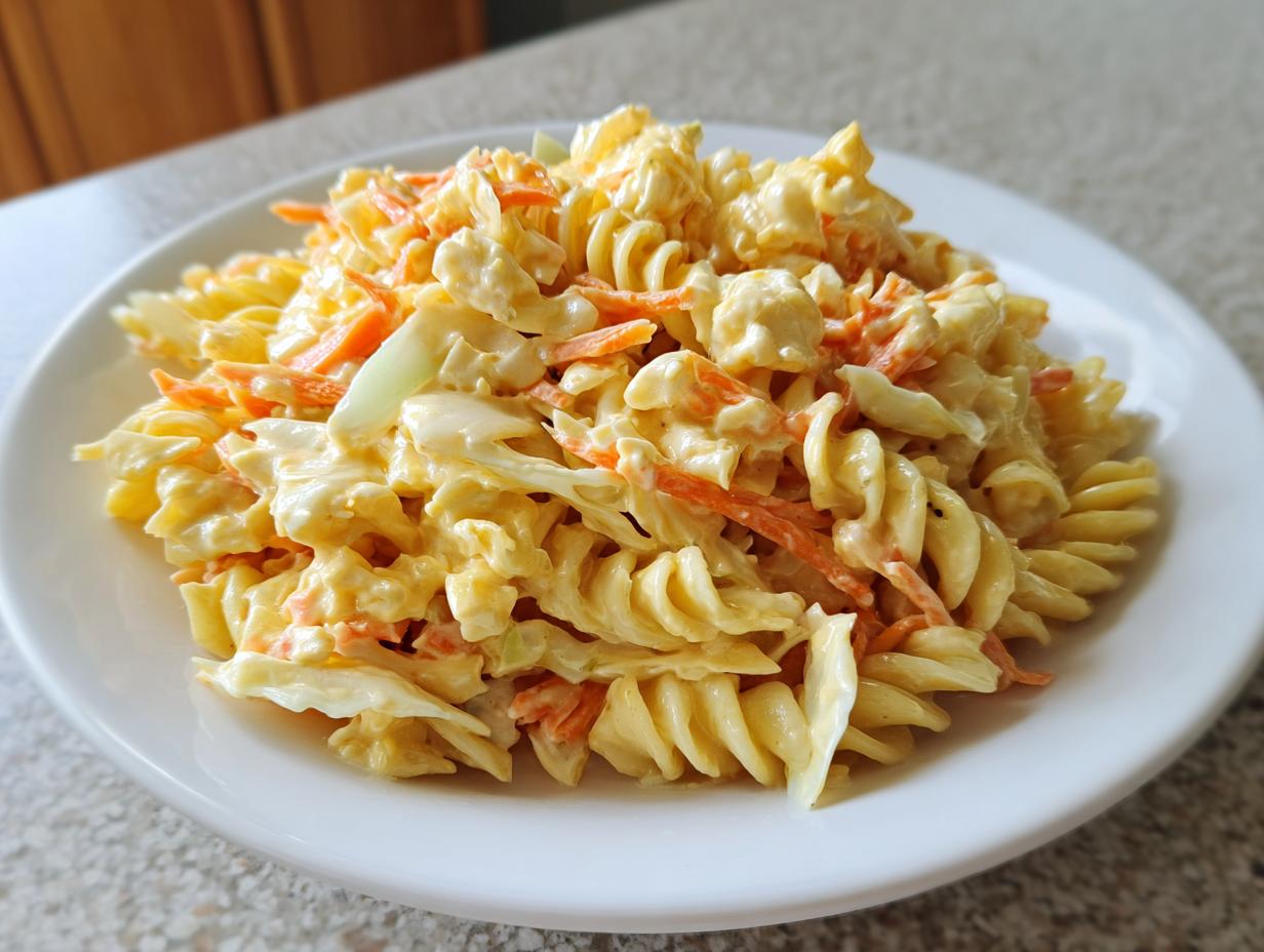 A close-up of creamy coleslaw pasta salad featuring rotini pasta, shredded carrots, and cabbage in a rich dressing.