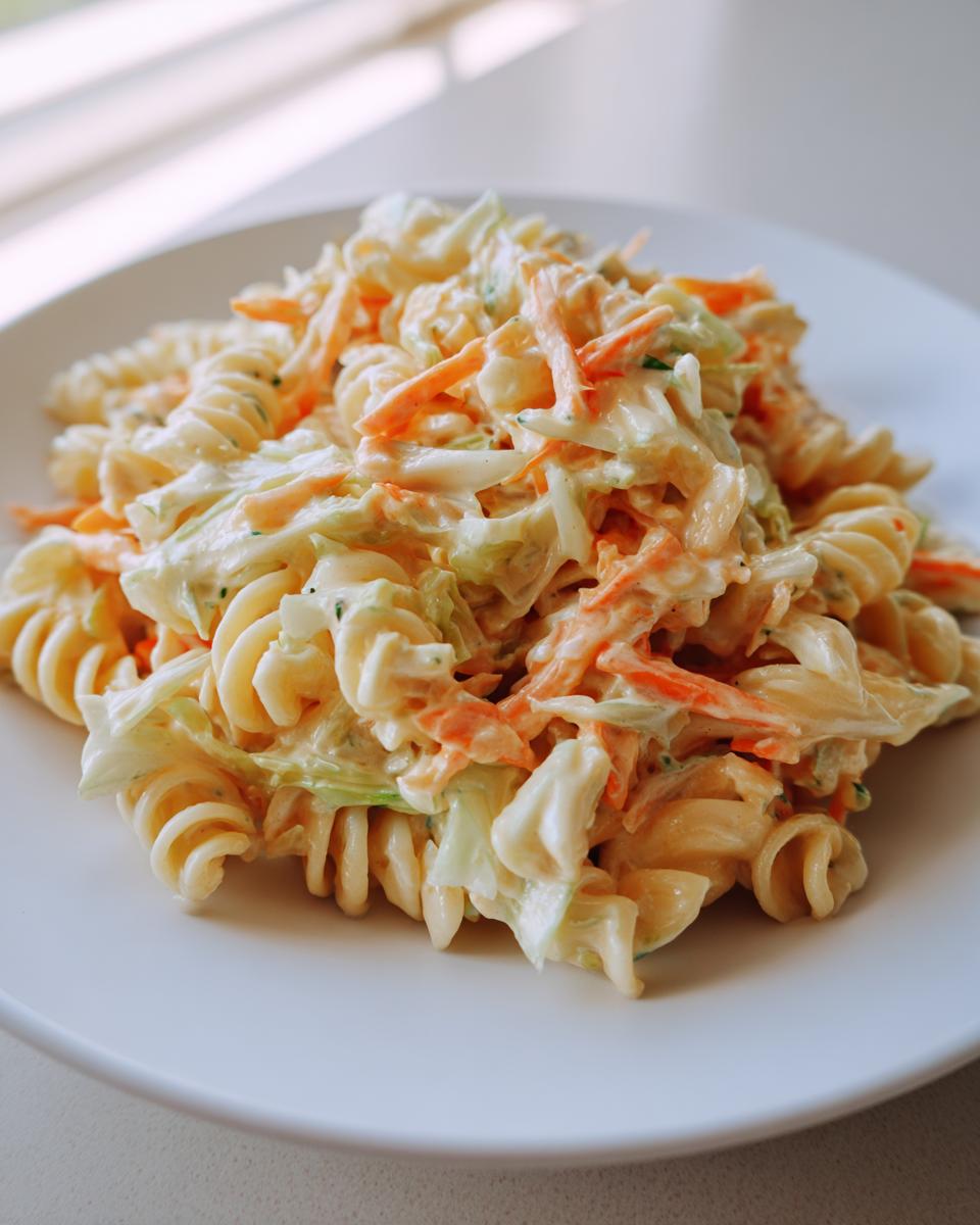 A close-up of creamy coleslaw pasta salad featuring fusilli pasta, shredded carrots, and cabbage on a white plate.