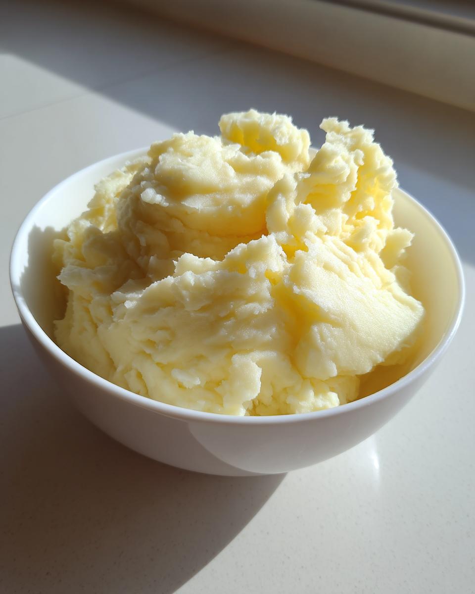 A close-up of fluffy, pale yellow creamy low calorie mashed potatoes served in a white bowl.