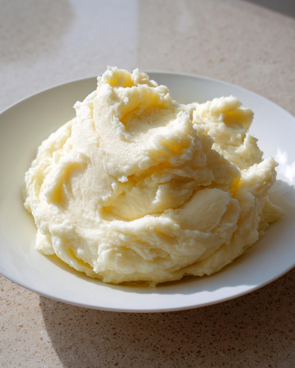 A generous serving of fluffy, creamy low calorie mashed potatoes piled high in a white bowl.