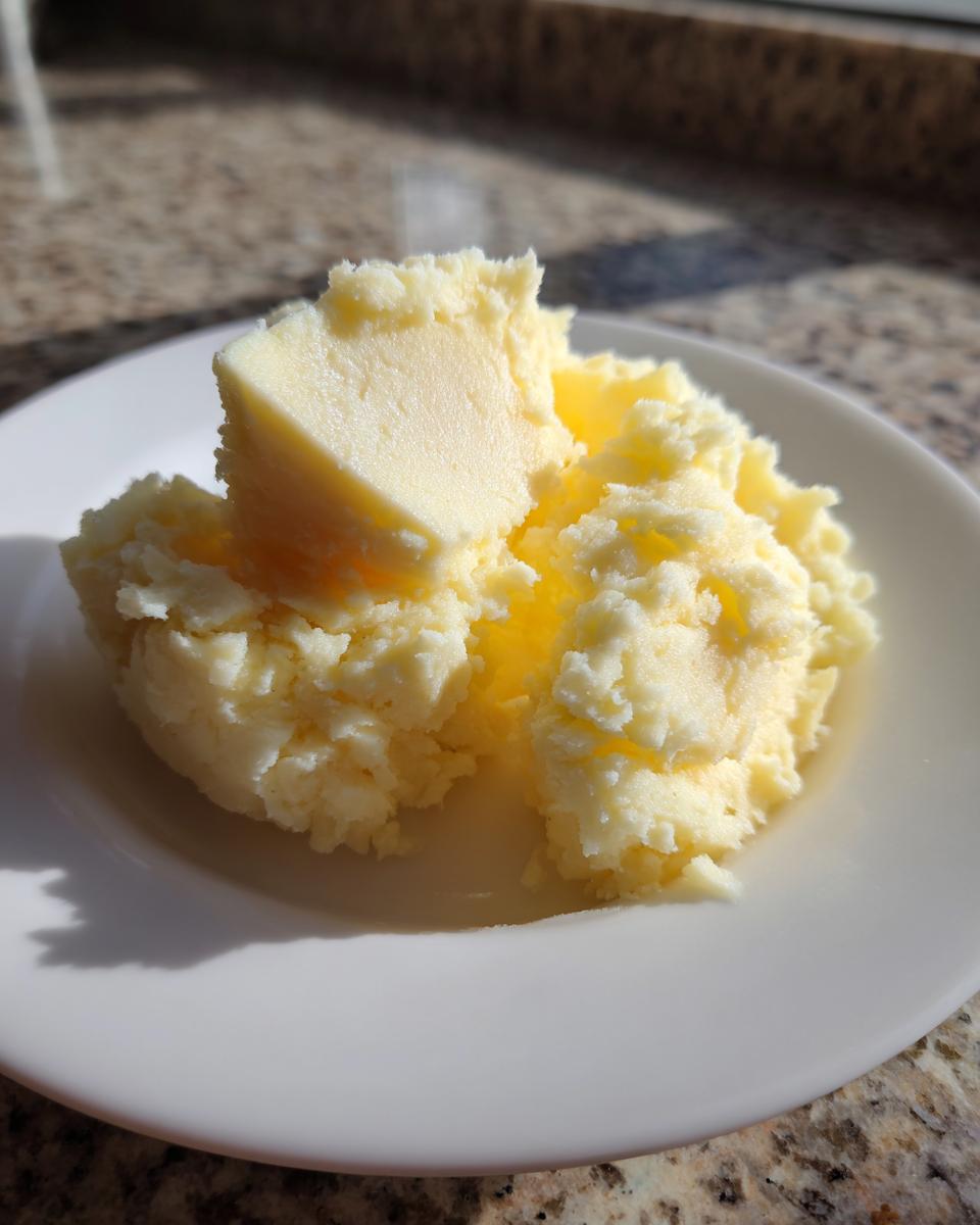 A serving of fluffy creamy low calorie mashed potatoes topped with a pat of melting butter on a white plate.