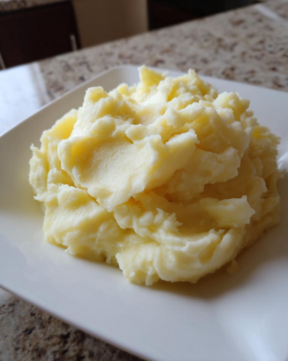 A close-up of a generous serving of fluffy, creamy low calorie mashed potatoes on a white square plate.