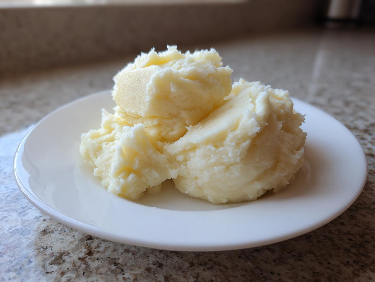 A serving of fluffy, creamy low calorie mashed potatoes piled high on a white plate.