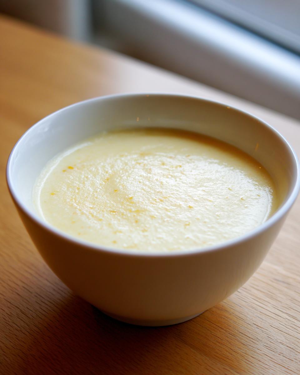 Close-up of a creamy, pale yellow low calorie potato soup served in a white bowl on a wooden table.