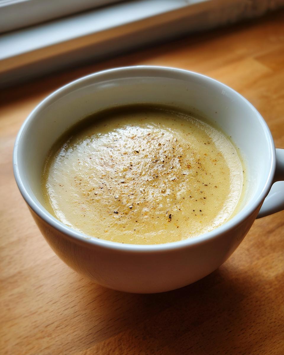 Close-up of a creamy, yellow low calorie potato soup topped with black pepper in a white mug.