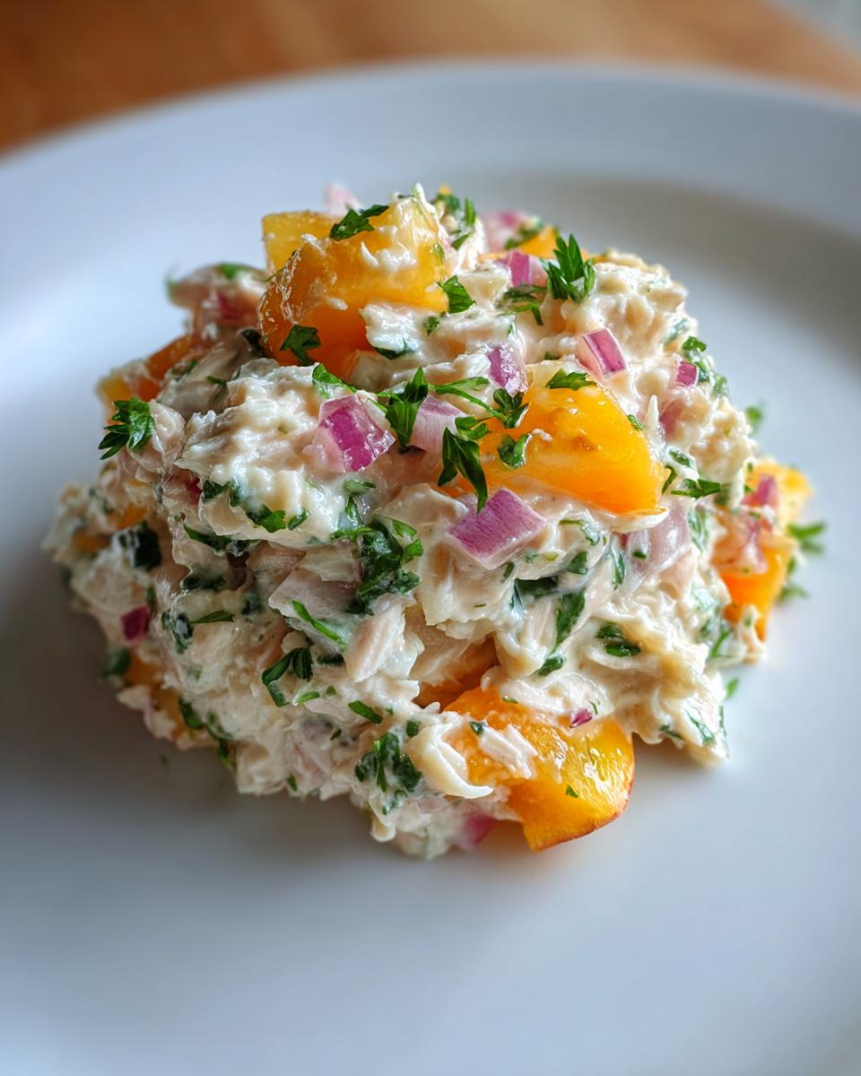 A scoop of creamy tuna peaches salad mixed with red onion and parsley, served on a white plate.