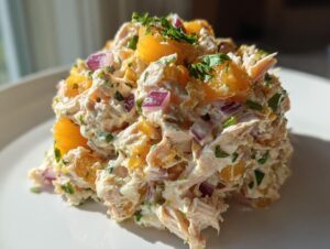 A mound of creamy tuna peaches salad mixed with bright orange segments and diced red onion, garnished with parsley.
