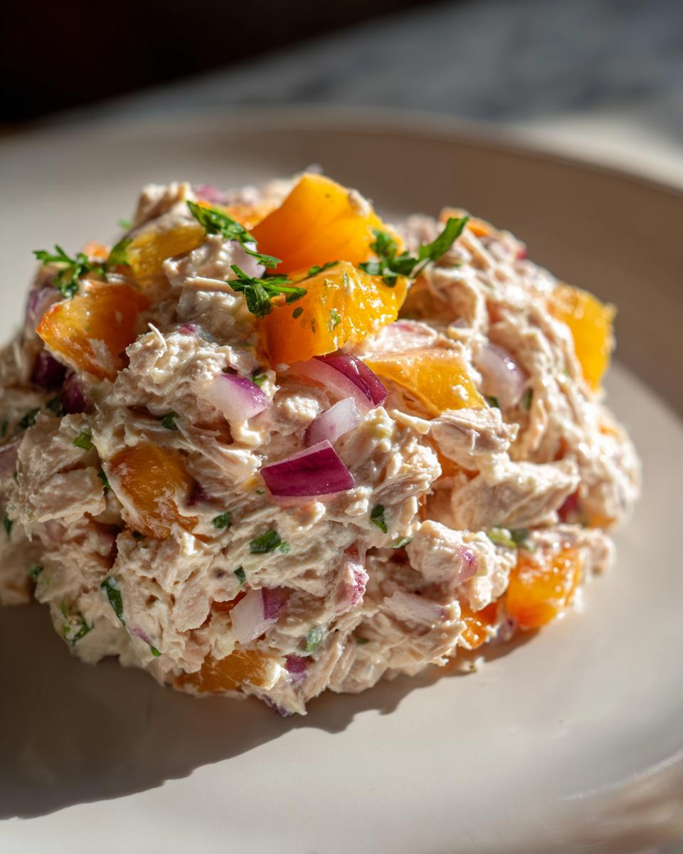 A scoop of creamy tuna peaches salad mixed with diced red onion and topped with fresh orange pieces and parsley.