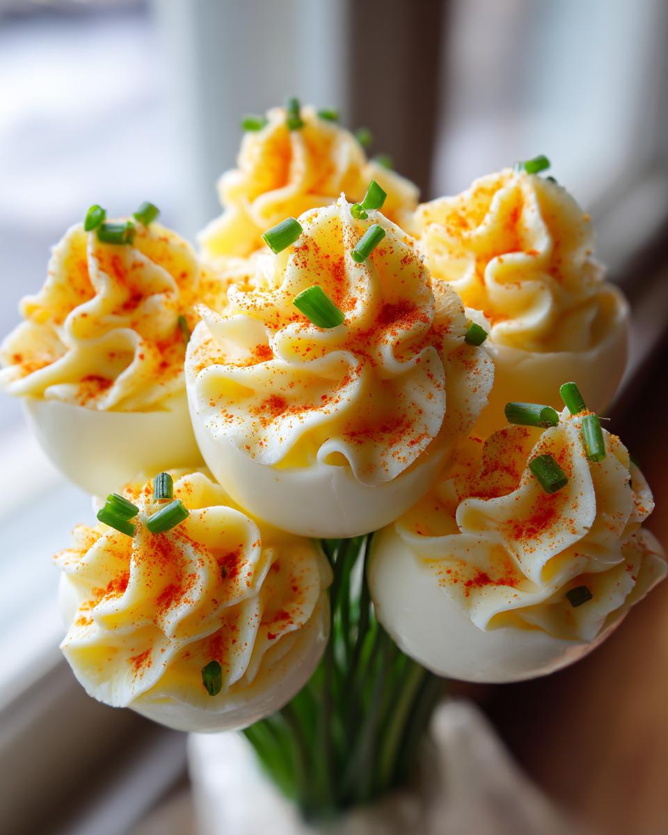 A stunning centerpiece featuring several deviled eggs piped high like flowers, forming a deviled egg bouquet.
