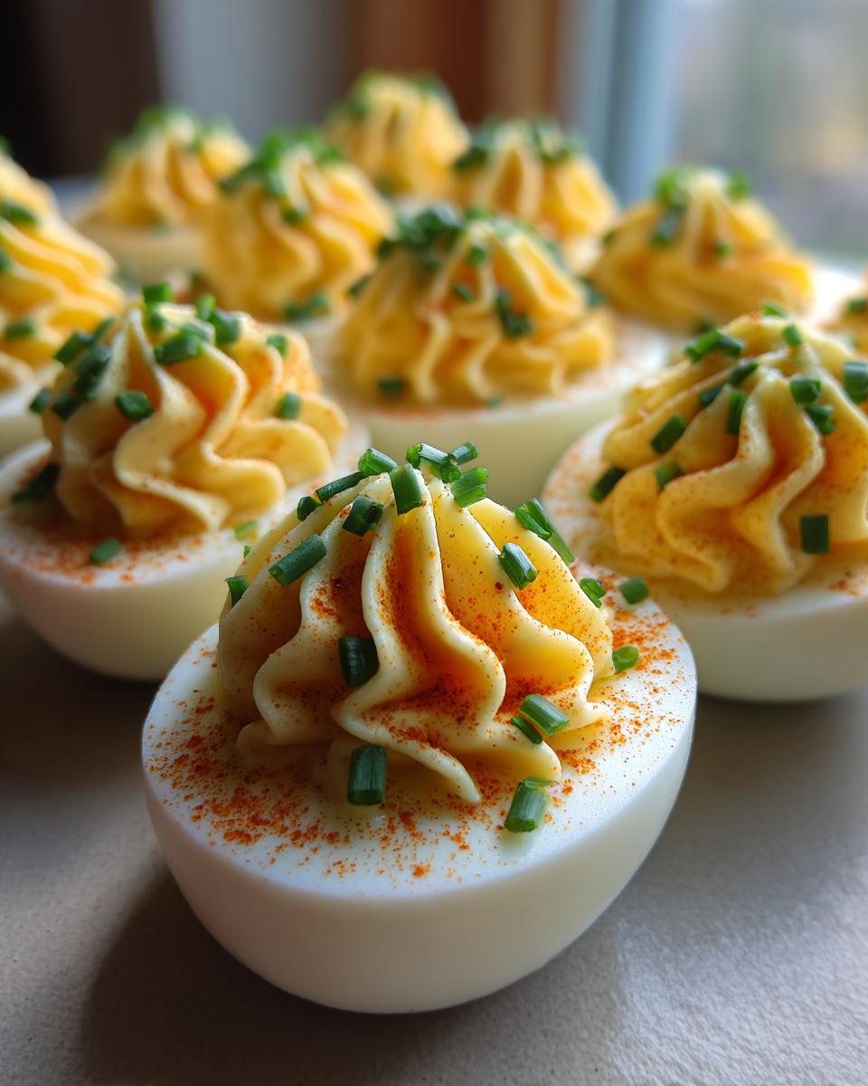 Close-up of perfectly piped deviled egg bouquet filling, garnished with paprika and chives.