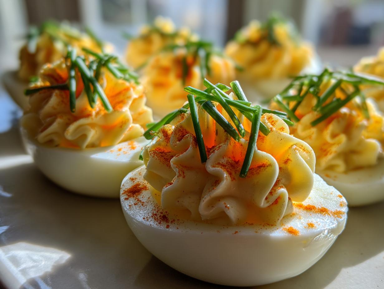 Close-up of perfectly piped deviled egg bouquet halves garnished with paprika and chives.