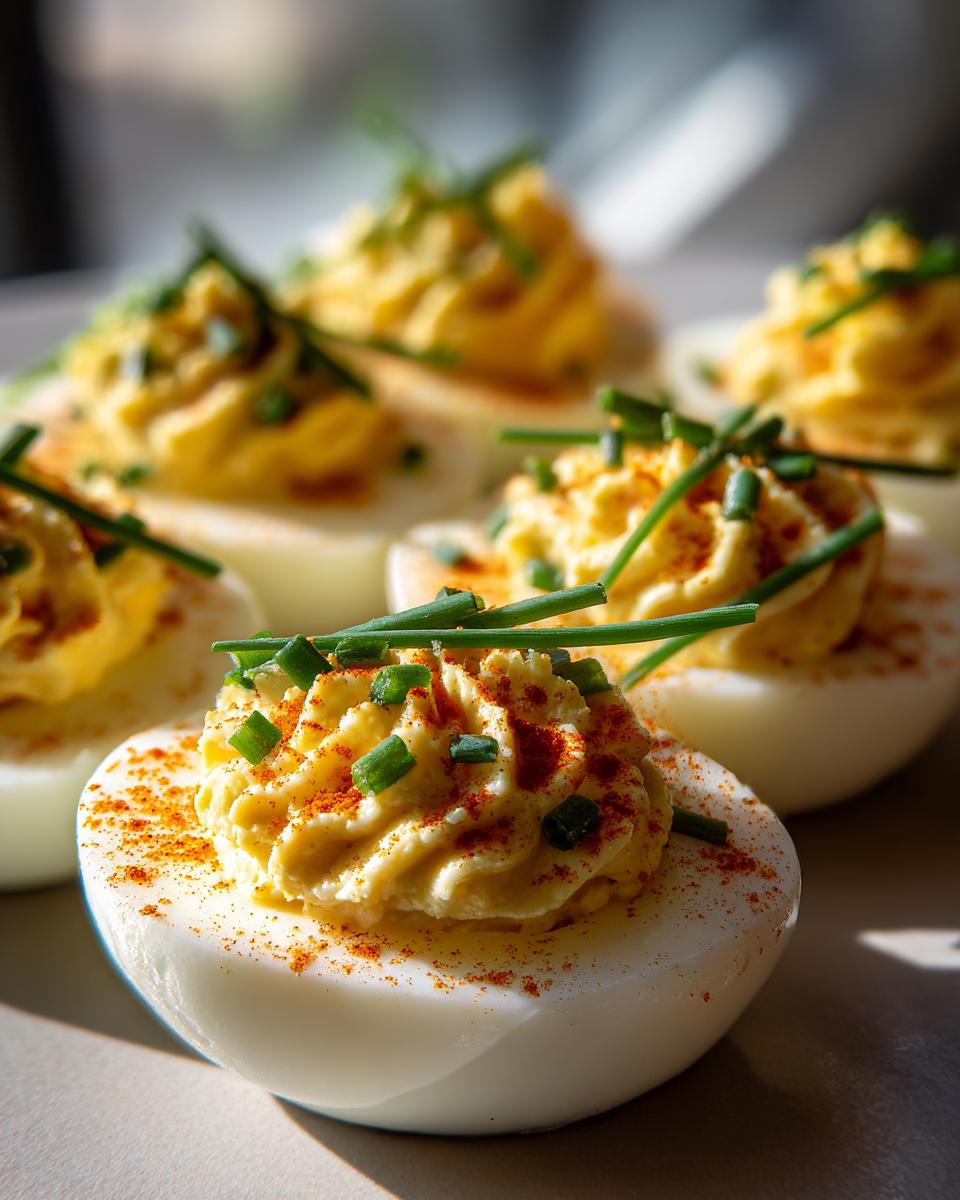 Close-up of a perfectly piped deviled egg, garnished with paprika and chives, ready for a deviled egg bouquet.