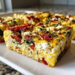 Close-up of a thick slice of easy mediterranean breakfast casserole featuring eggs, spinach, sun-dried tomatoes, and feta cheese.