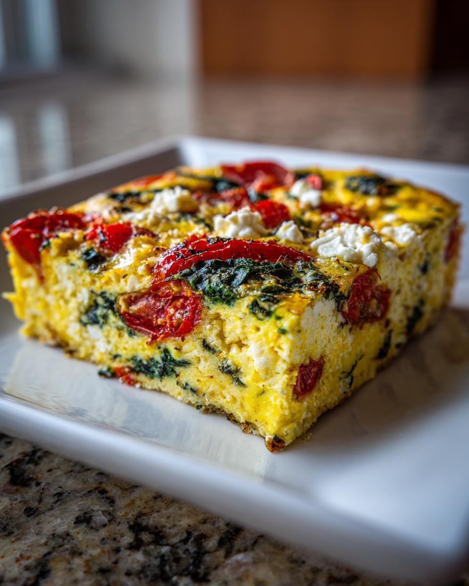 A thick, square slice of easy mediterranean breakfast casserole featuring eggs, spinach, roasted tomatoes, and feta cheese.