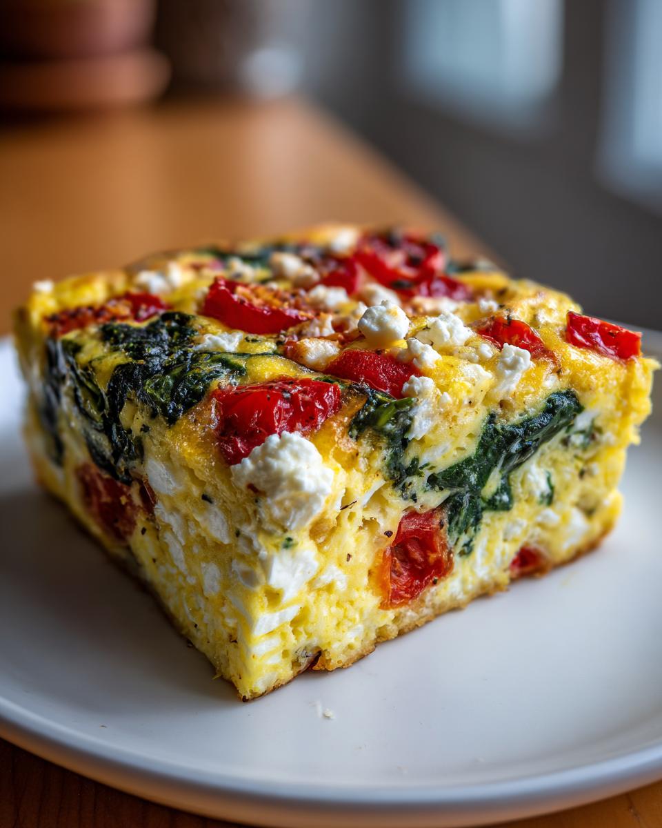 A square slice of easy mediterranean breakfast casserole featuring eggs, spinach, tomatoes, and feta cheese on a white plate.